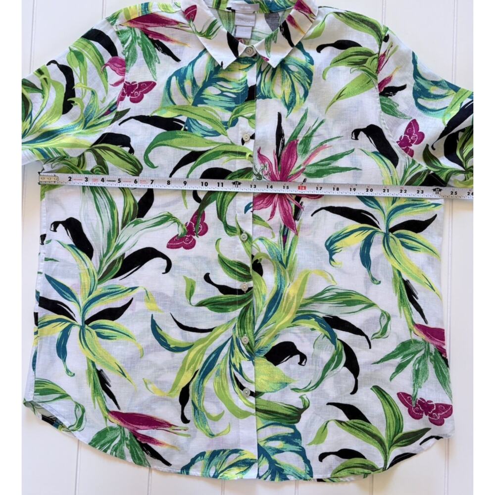 Chicos Linen Tropical Floral Button Up Blouse No Iron Size 16 (3) White Green - Picture 11 of 13